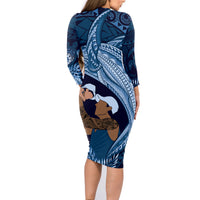 Father's Day Polynesian Pattern Family Matching Long Sleeve Bodycon Dress and Hawaiian Shirt Tropical Humpback Whale - Navy LT7 - Polynesian Pride