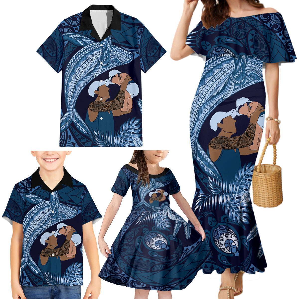 Father's Day Polynesian Pattern Family Matching Mermaid Dress and Hawaiian Shirt Tropical Humpback Whale - Navy LT7 - Polynesian Pride