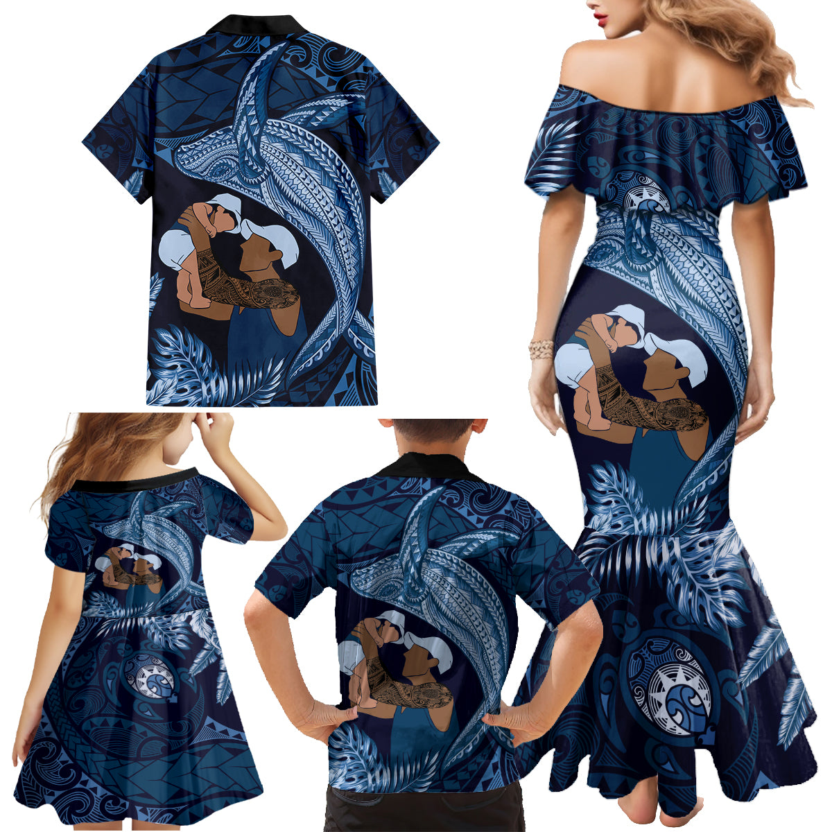 Father's Day Polynesian Pattern Family Matching Mermaid Dress and Hawaiian Shirt Tropical Humpback Whale - Navy LT7 - Polynesian Pride