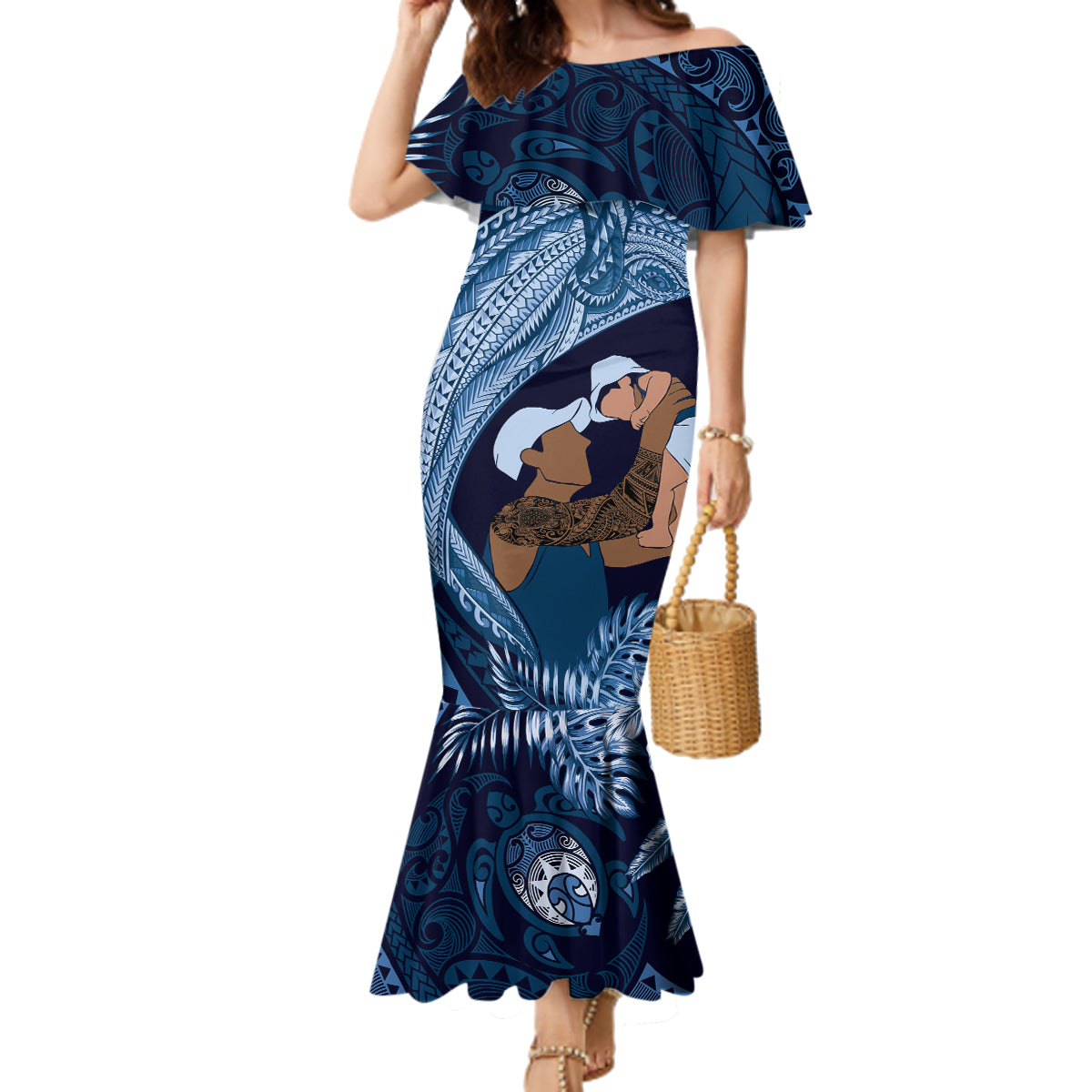 Father's Day Polynesian Pattern Family Matching Mermaid Dress and Hawaiian Shirt Tropical Humpback Whale - Navy LT7 Mom's Dress Navy Blue - Polynesian Pride