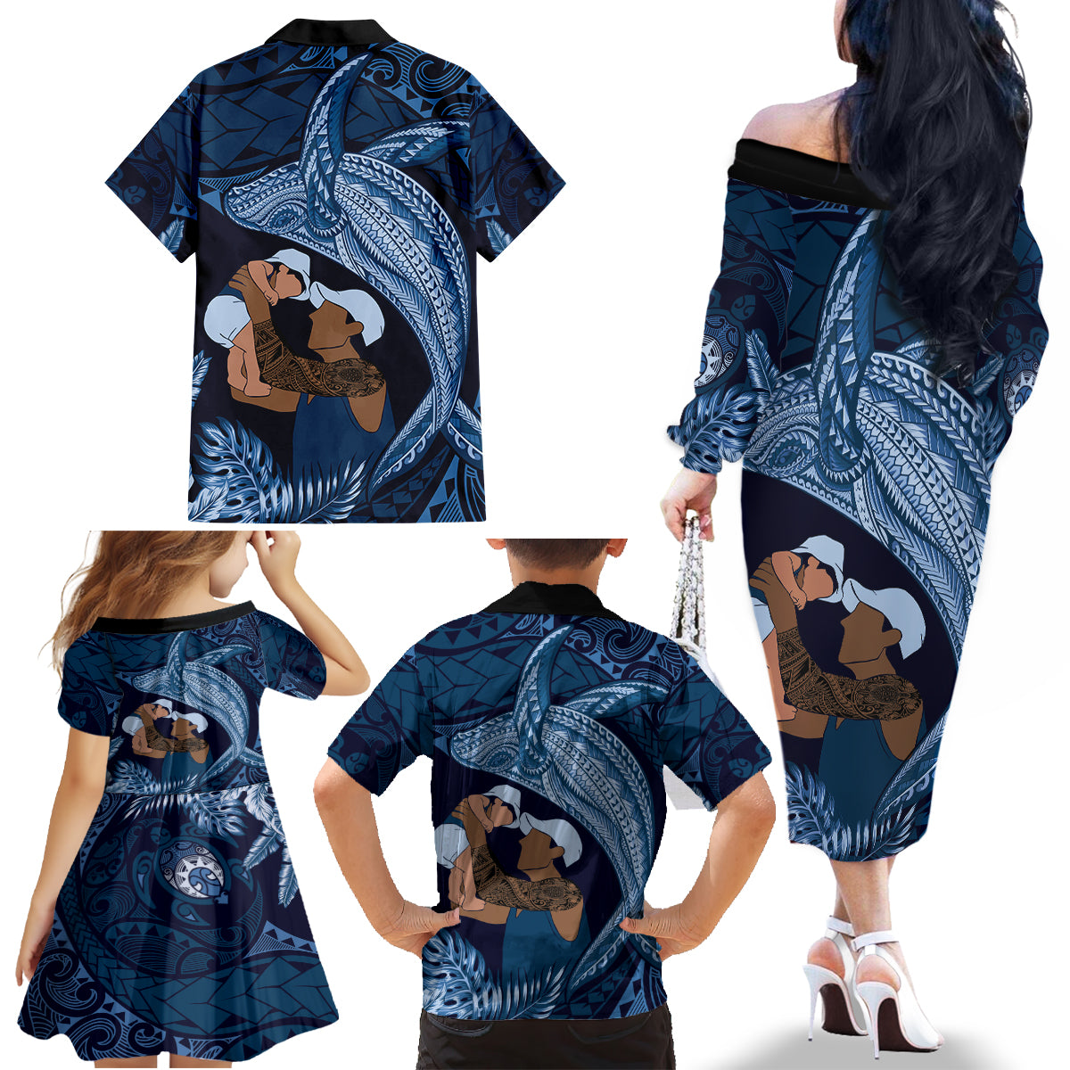 Father's Day Polynesian Pattern Family Matching Off The Shoulder Long Sleeve Dress and Hawaiian Shirt Tropical Humpback Whale - Navy LT7 - Polynesian Pride