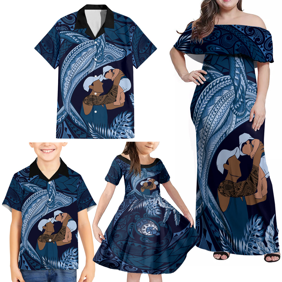 Father's Day Polynesian Pattern Family Matching Off Shoulder Maxi Dress and Hawaiian Shirt Tropical Humpback Whale - Navy LT7 - Polynesian Pride