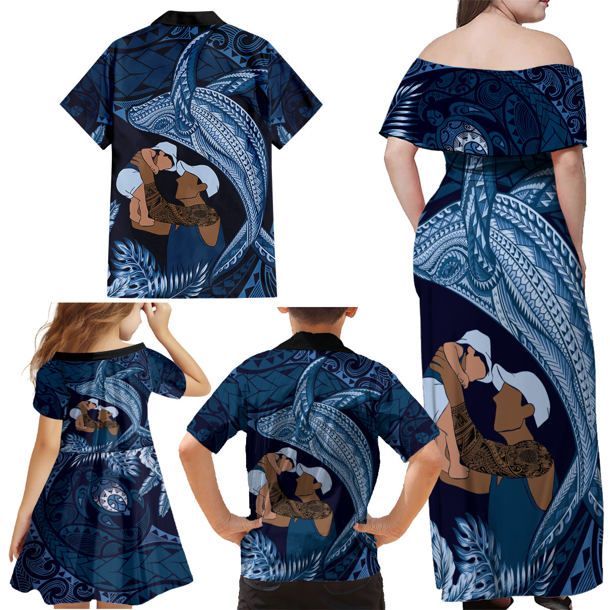 Father's Day Polynesian Pattern Family Matching Off Shoulder Maxi Dress and Hawaiian Shirt Tropical Humpback Whale - Navy LT7 - Polynesian Pride