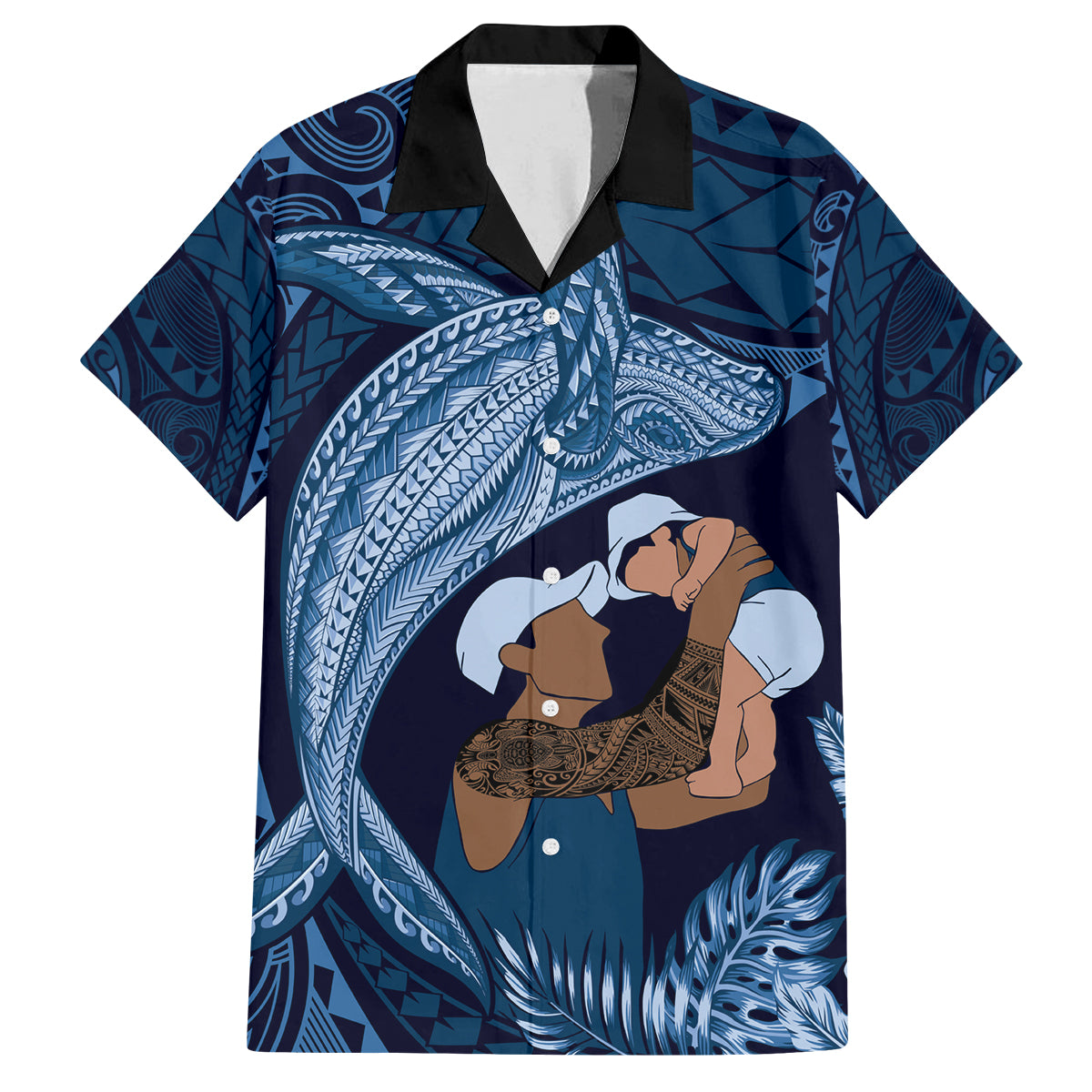 Father's Day Polynesian Pattern Family Matching Off Shoulder Maxi Dress and Hawaiian Shirt Tropical Humpback Whale - Navy LT7 Dad's Shirt - Short Sleeve Navy Blue - Polynesian Pride