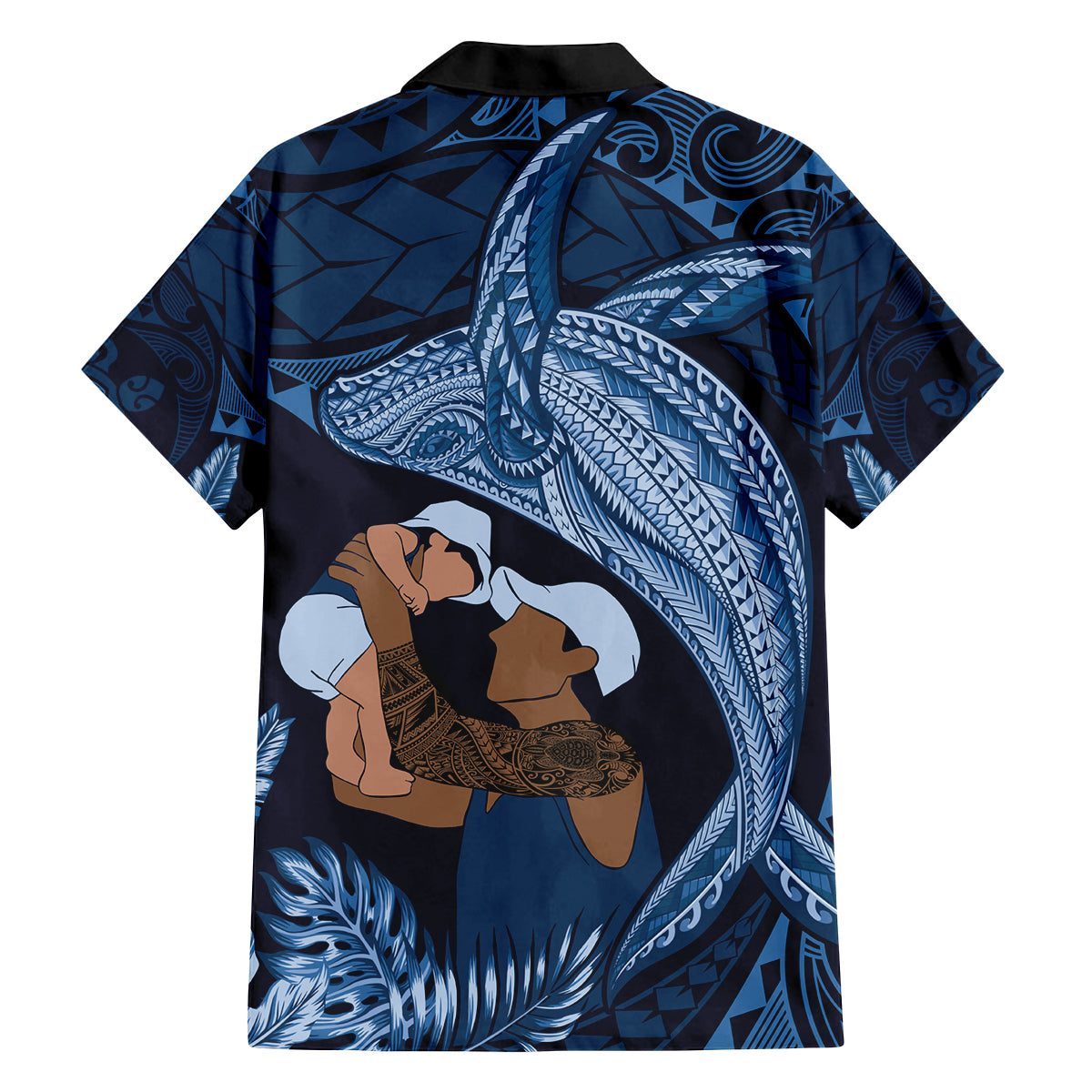 Father's Day Polynesian Pattern Family Matching Off Shoulder Maxi Dress and Hawaiian Shirt Tropical Humpback Whale - Navy LT7 - Polynesian Pride