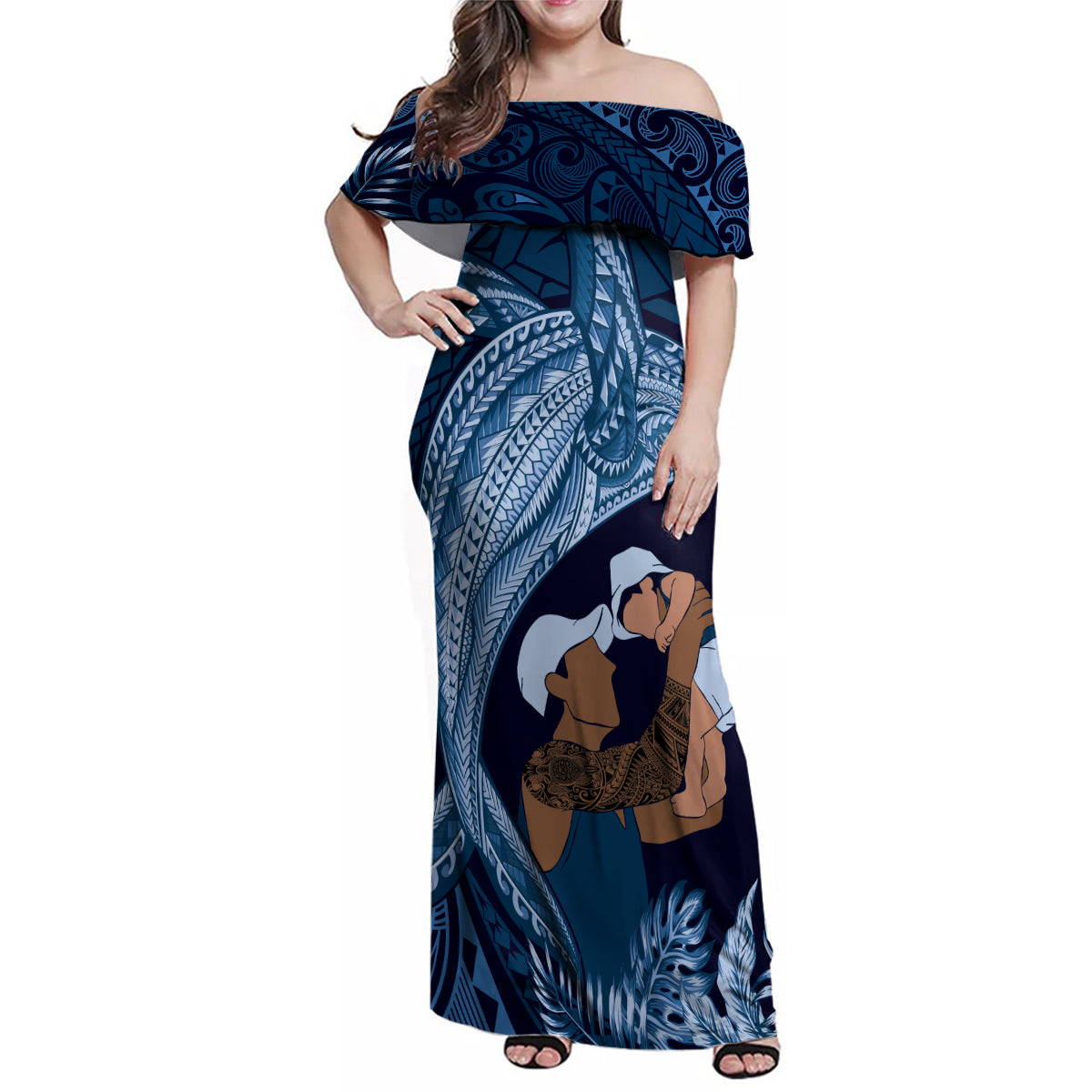 Father's Day Polynesian Pattern Family Matching Off Shoulder Maxi Dress and Hawaiian Shirt Tropical Humpback Whale - Navy LT7 Mom's Dress Navy Blue - Polynesian Pride