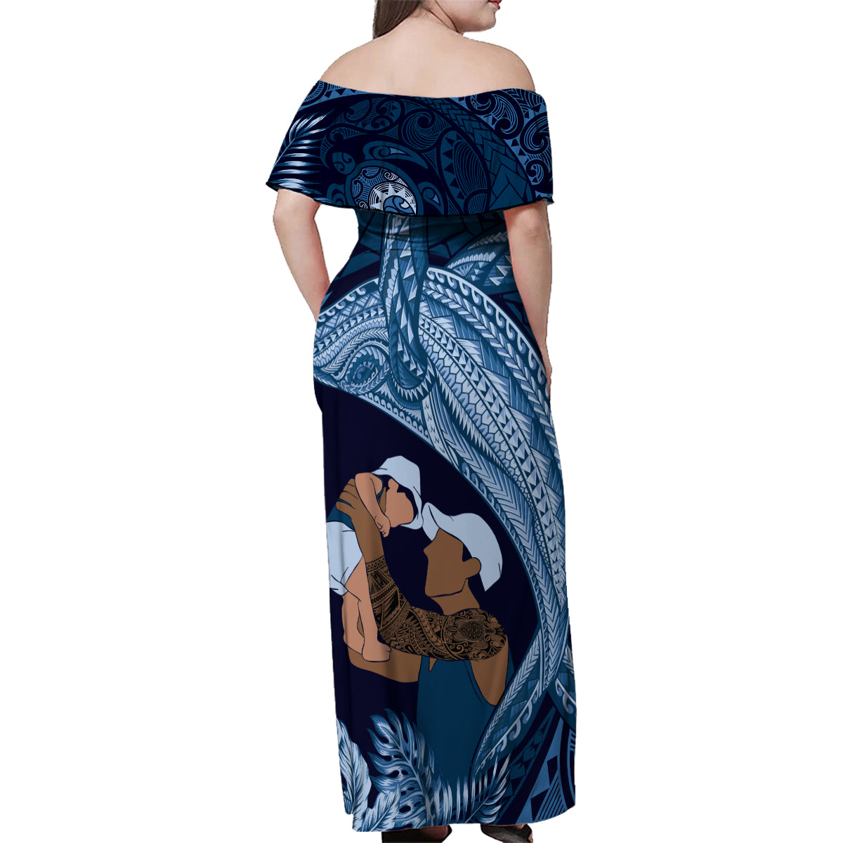 Father's Day Polynesian Pattern Family Matching Off Shoulder Maxi Dress and Hawaiian Shirt Tropical Humpback Whale - Navy LT7 - Polynesian Pride