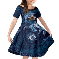 Father's Day Polynesian Pattern Family Matching Off Shoulder Short Dress and Hawaiian Shirt Tropical Humpback Whale - Navy LT7 Daughter's Dress Navy Blue - Polynesian Pride