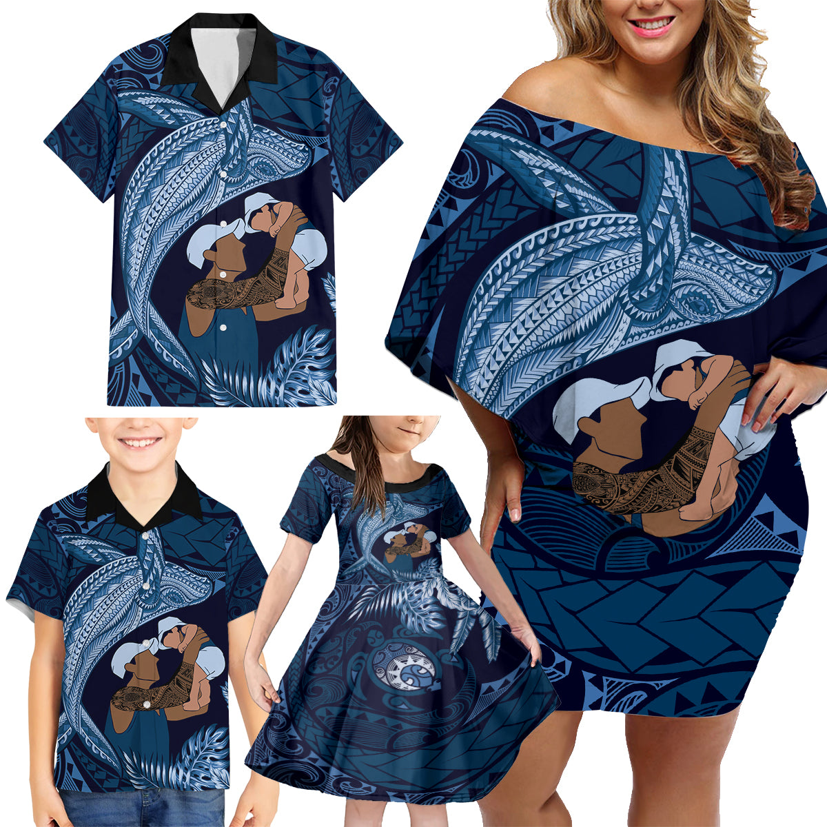 Father's Day Polynesian Pattern Family Matching Off Shoulder Short Dress and Hawaiian Shirt Tropical Humpback Whale - Navy LT7 - Polynesian Pride