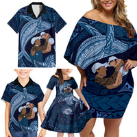 Father's Day Polynesian Pattern Family Matching Off Shoulder Short Dress and Hawaiian Shirt Tropical Humpback Whale - Navy LT7 - Polynesian Pride