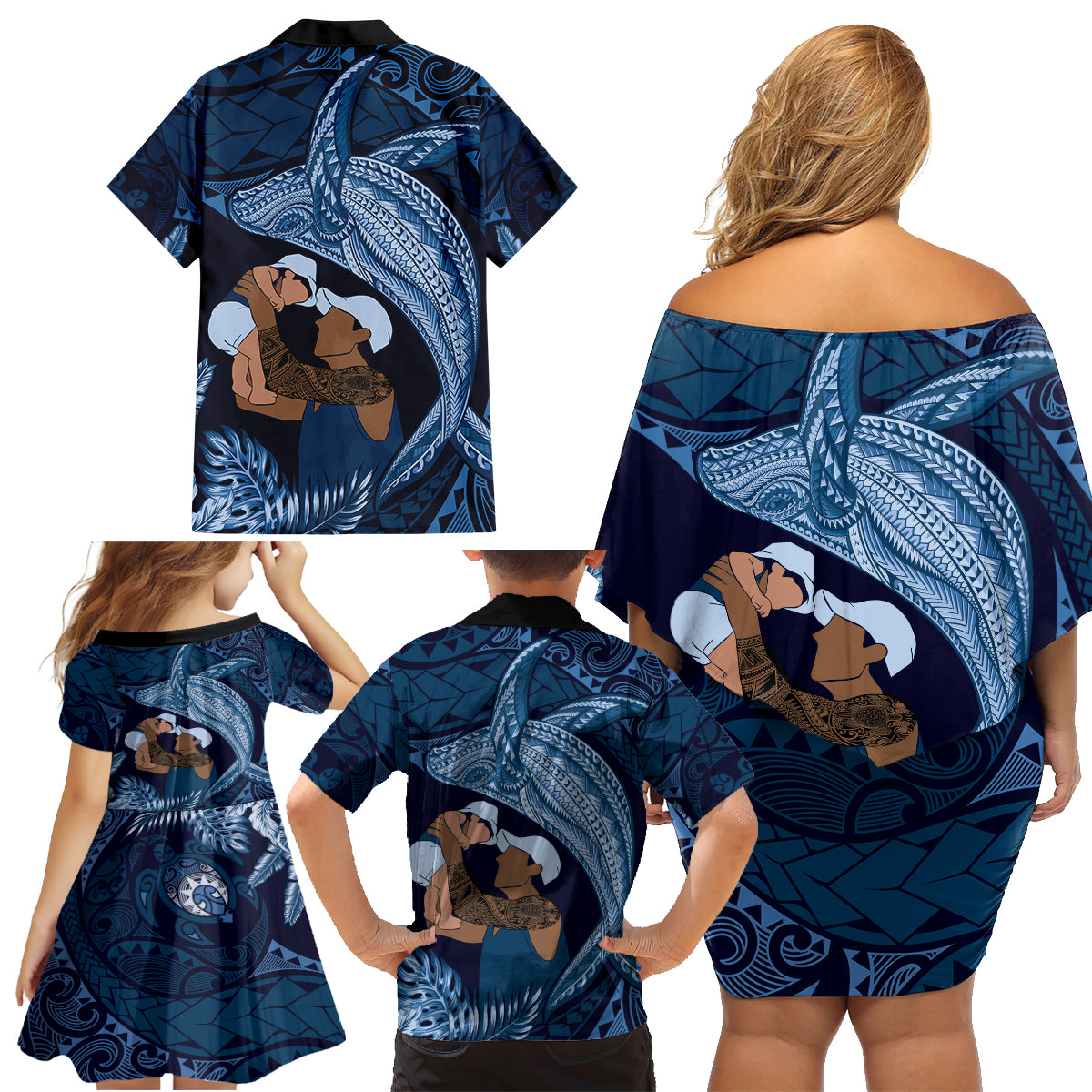 Father's Day Polynesian Pattern Family Matching Off Shoulder Short Dress and Hawaiian Shirt Tropical Humpback Whale - Navy LT7 - Polynesian Pride