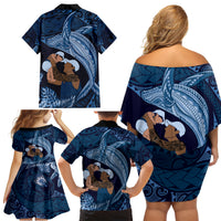 Father's Day Polynesian Pattern Family Matching Off Shoulder Short Dress and Hawaiian Shirt Tropical Humpback Whale - Navy LT7 - Polynesian Pride