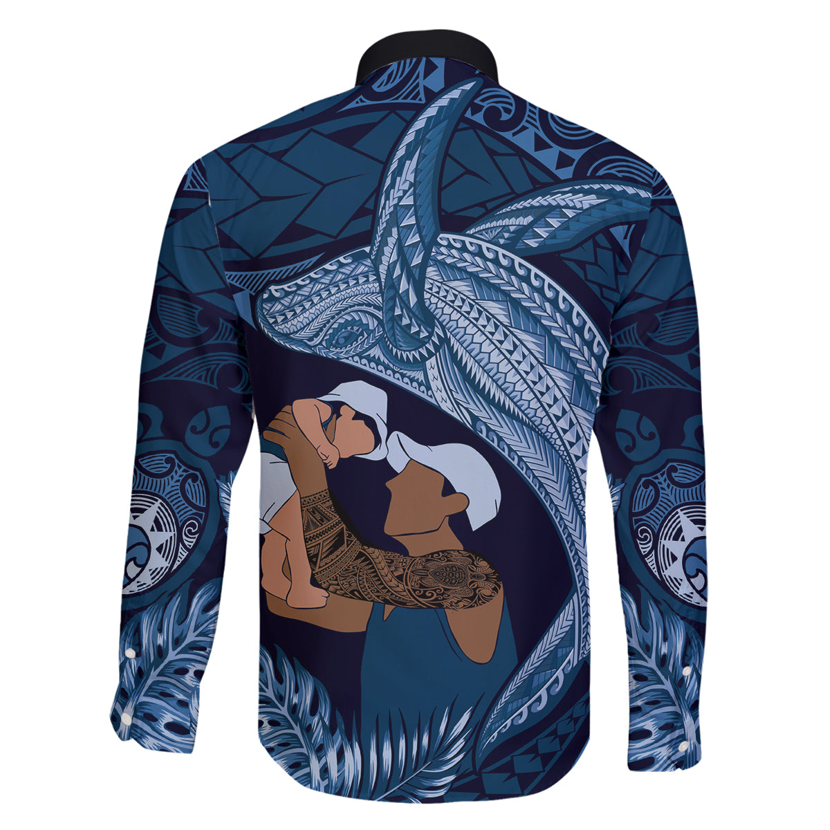 Father's Day Polynesian Pattern Family Matching Off Shoulder Short Dress and Hawaiian Shirt Tropical Humpback Whale - Navy LT7 - Polynesian Pride