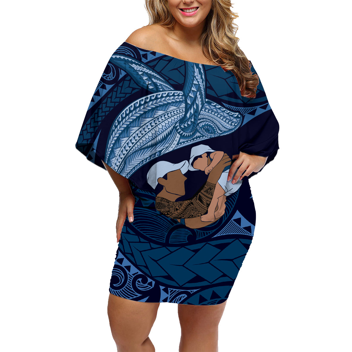 Father's Day Polynesian Pattern Family Matching Off Shoulder Short Dress and Hawaiian Shirt Tropical Humpback Whale - Navy LT7 Mom's Dress Navy Blue - Polynesian Pride