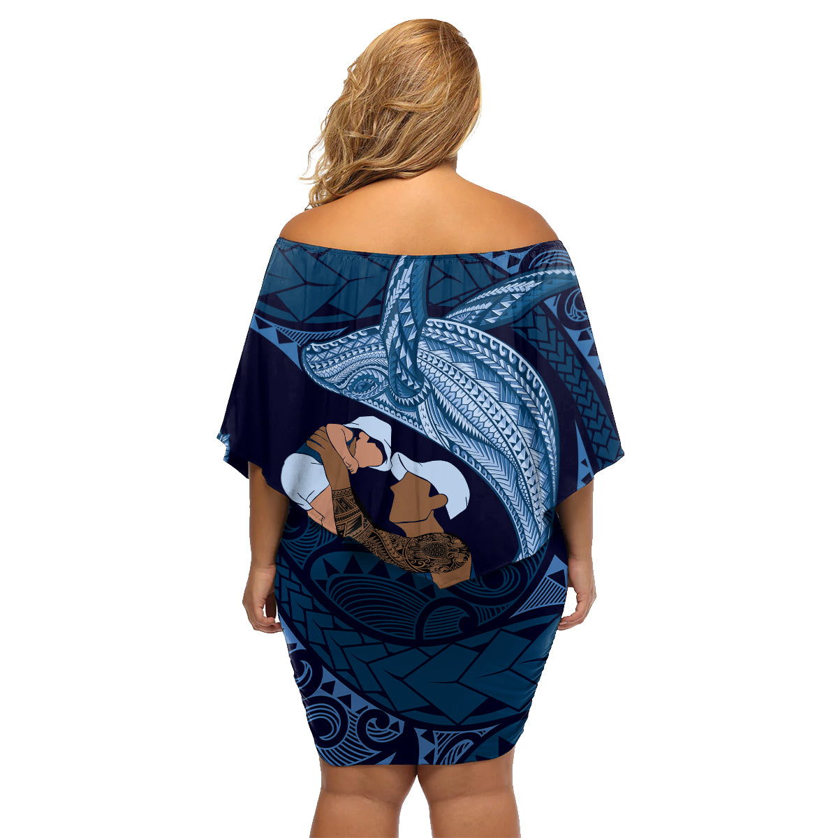 Father's Day Polynesian Pattern Family Matching Off Shoulder Short Dress and Hawaiian Shirt Tropical Humpback Whale - Navy LT7 - Polynesian Pride