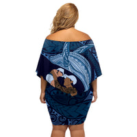 Father's Day Polynesian Pattern Family Matching Off Shoulder Short Dress and Hawaiian Shirt Tropical Humpback Whale - Navy LT7 - Polynesian Pride