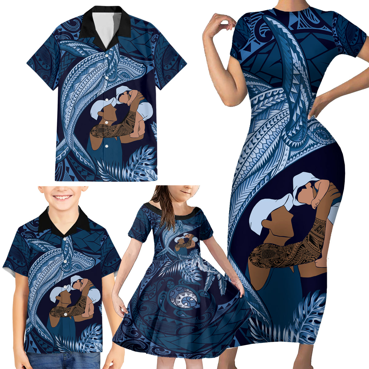 Father's Day Polynesian Pattern Family Matching Short Sleeve Bodycon Dress and Hawaiian Shirt Tropical Humpback Whale - Navy LT7 - Polynesian Pride