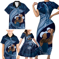 Father's Day Polynesian Pattern Family Matching Short Sleeve Bodycon Dress and Hawaiian Shirt Tropical Humpback Whale - Navy LT7 - Polynesian Pride