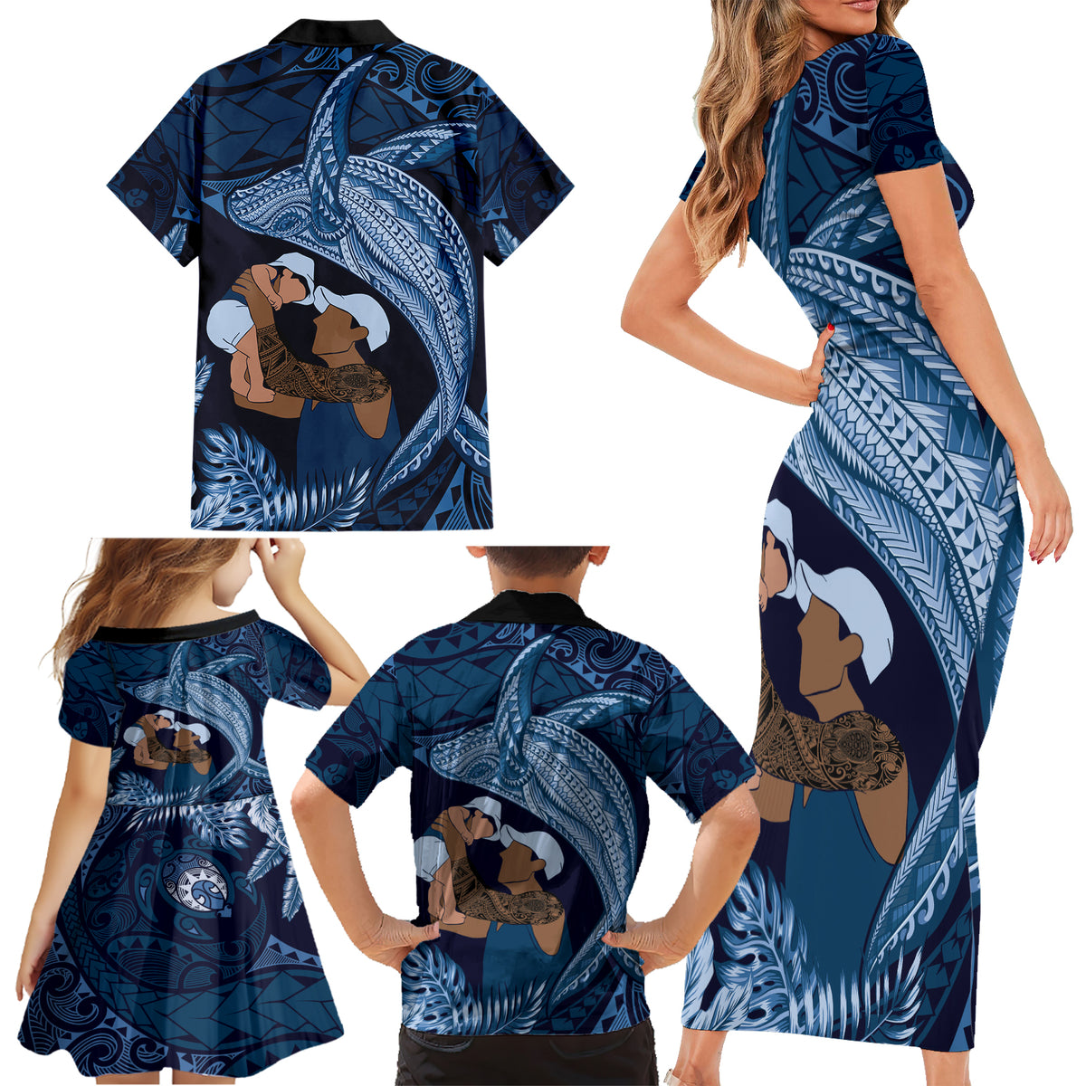 Father's Day Polynesian Pattern Family Matching Short Sleeve Bodycon Dress and Hawaiian Shirt Tropical Humpback Whale - Navy LT7 - Polynesian Pride