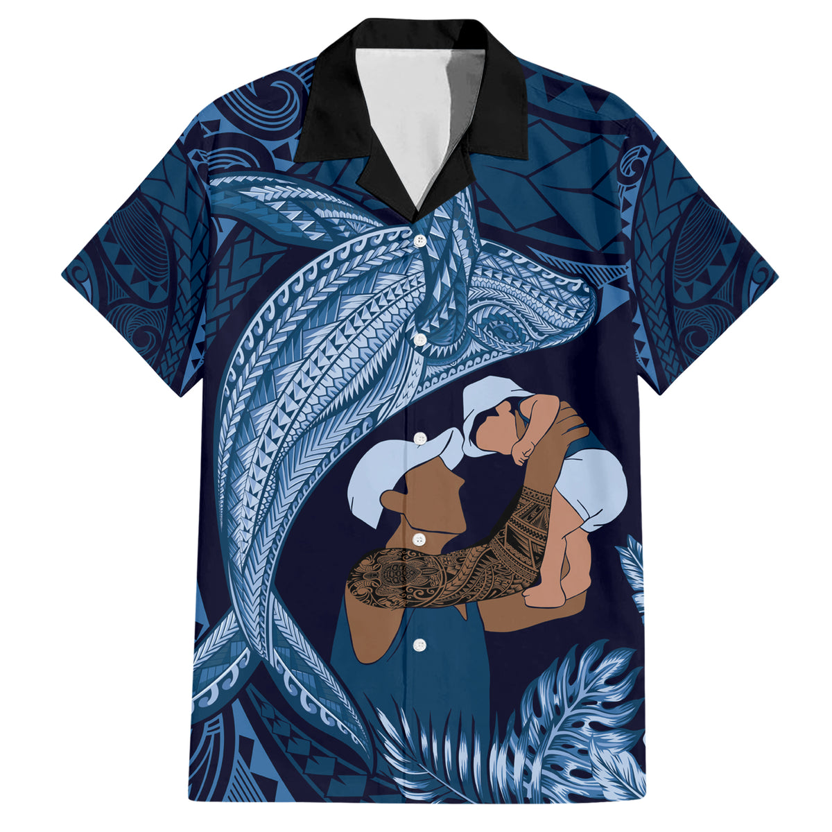 Father's Day Polynesian Pattern Family Matching Short Sleeve Bodycon Dress and Hawaiian Shirt Tropical Humpback Whale - Navy LT7 Dad's Shirt - Short Sleeve Navy Blue - Polynesian Pride