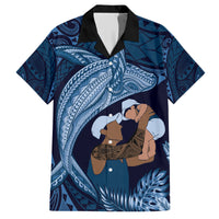 Father's Day Polynesian Pattern Family Matching Short Sleeve Bodycon Dress and Hawaiian Shirt Tropical Humpback Whale - Navy LT7 Dad's Shirt - Short Sleeve Navy Blue - Polynesian Pride