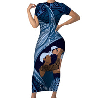 Father's Day Polynesian Pattern Family Matching Short Sleeve Bodycon Dress and Hawaiian Shirt Tropical Humpback Whale - Navy LT7 Mom's Dress Navy Blue - Polynesian Pride