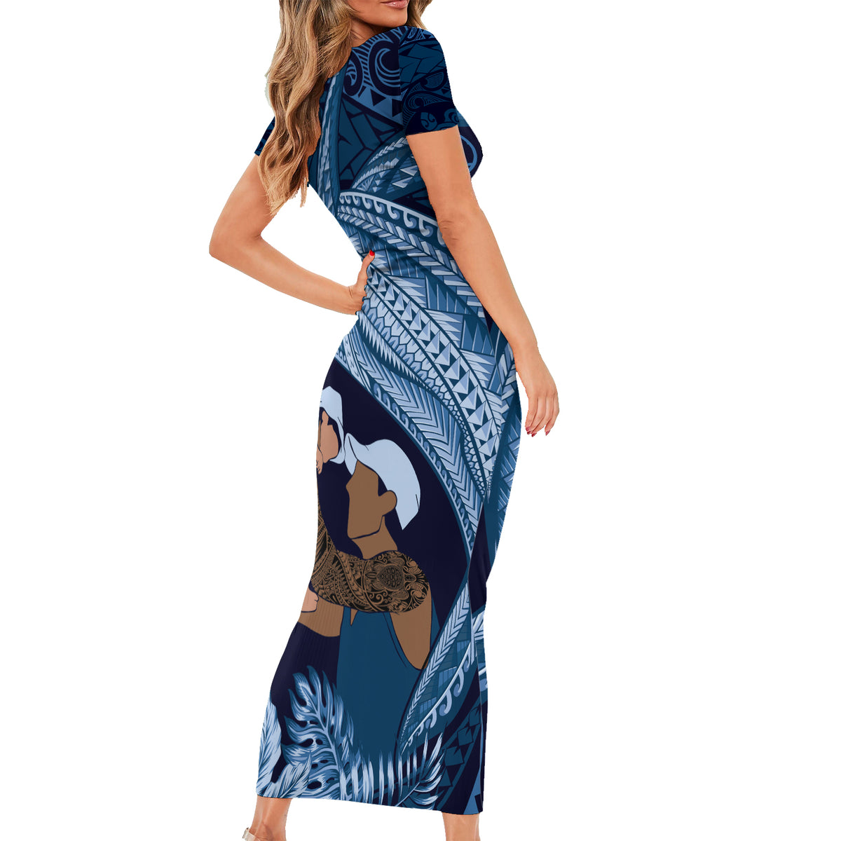 Father's Day Polynesian Pattern Family Matching Short Sleeve Bodycon Dress and Hawaiian Shirt Tropical Humpback Whale - Navy LT7 - Polynesian Pride