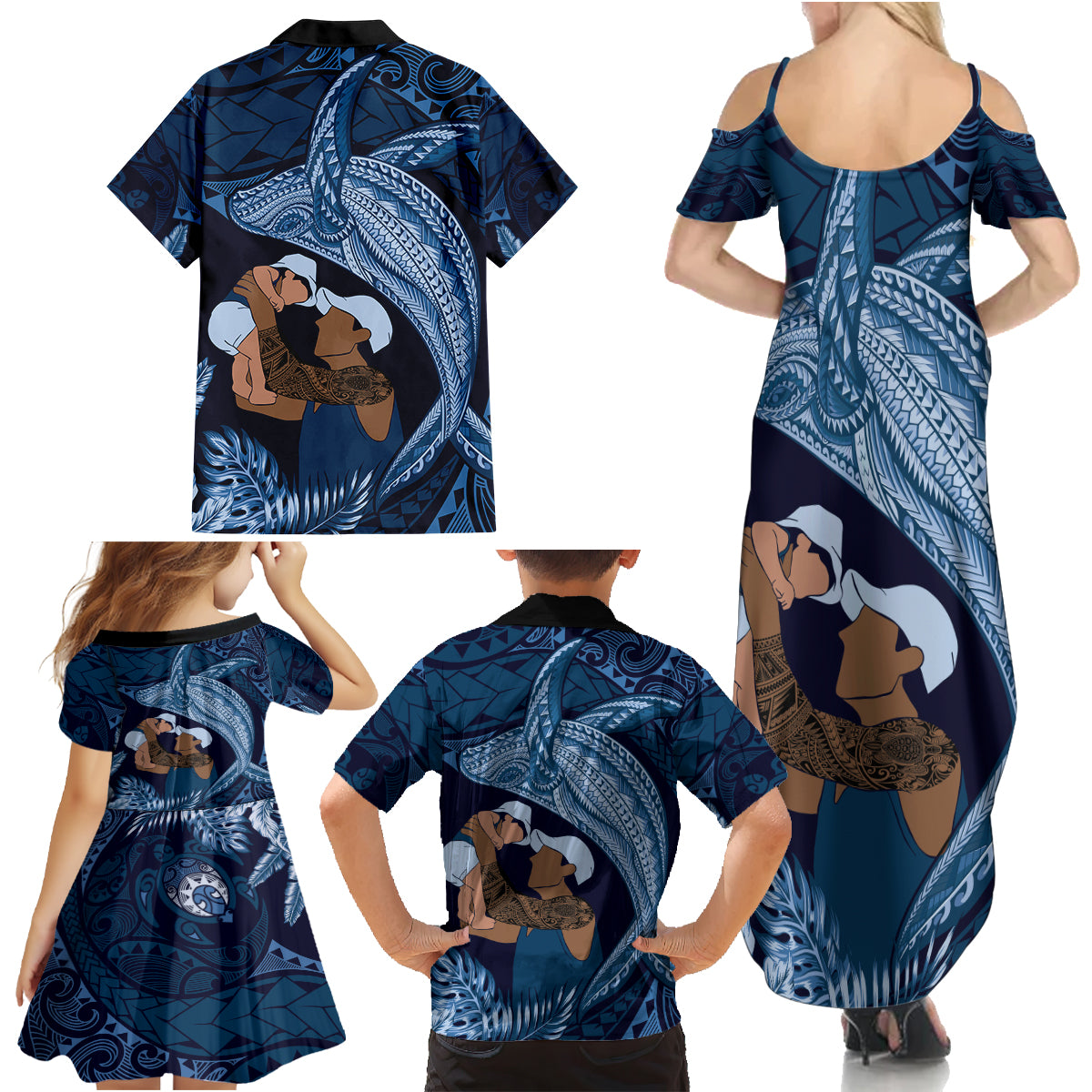 Father's Day Polynesian Pattern Family Matching Summer Maxi Dress and Hawaiian Shirt Tropical Humpback Whale - Navy LT7 - Polynesian Pride