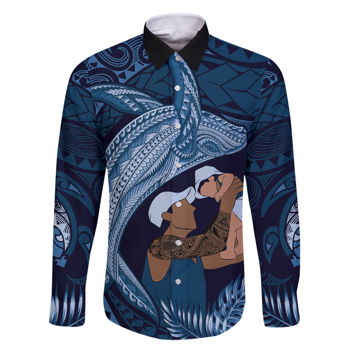 Father's Day Polynesian Pattern Family Matching Summer Maxi Dress and Hawaiian Shirt Tropical Humpback Whale - Navy LT7 Dad's Shirt - Long Sleeve Navy Blue - Polynesian Pride