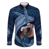 Father's Day Polynesian Pattern Family Matching Summer Maxi Dress and Hawaiian Shirt Tropical Humpback Whale - Navy LT7 Dad's Shirt - Long Sleeve Navy Blue - Polynesian Pride