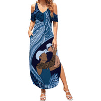 Father's Day Polynesian Pattern Family Matching Summer Maxi Dress and Hawaiian Shirt Tropical Humpback Whale - Navy LT7 Mom's Dress Navy Blue - Polynesian Pride