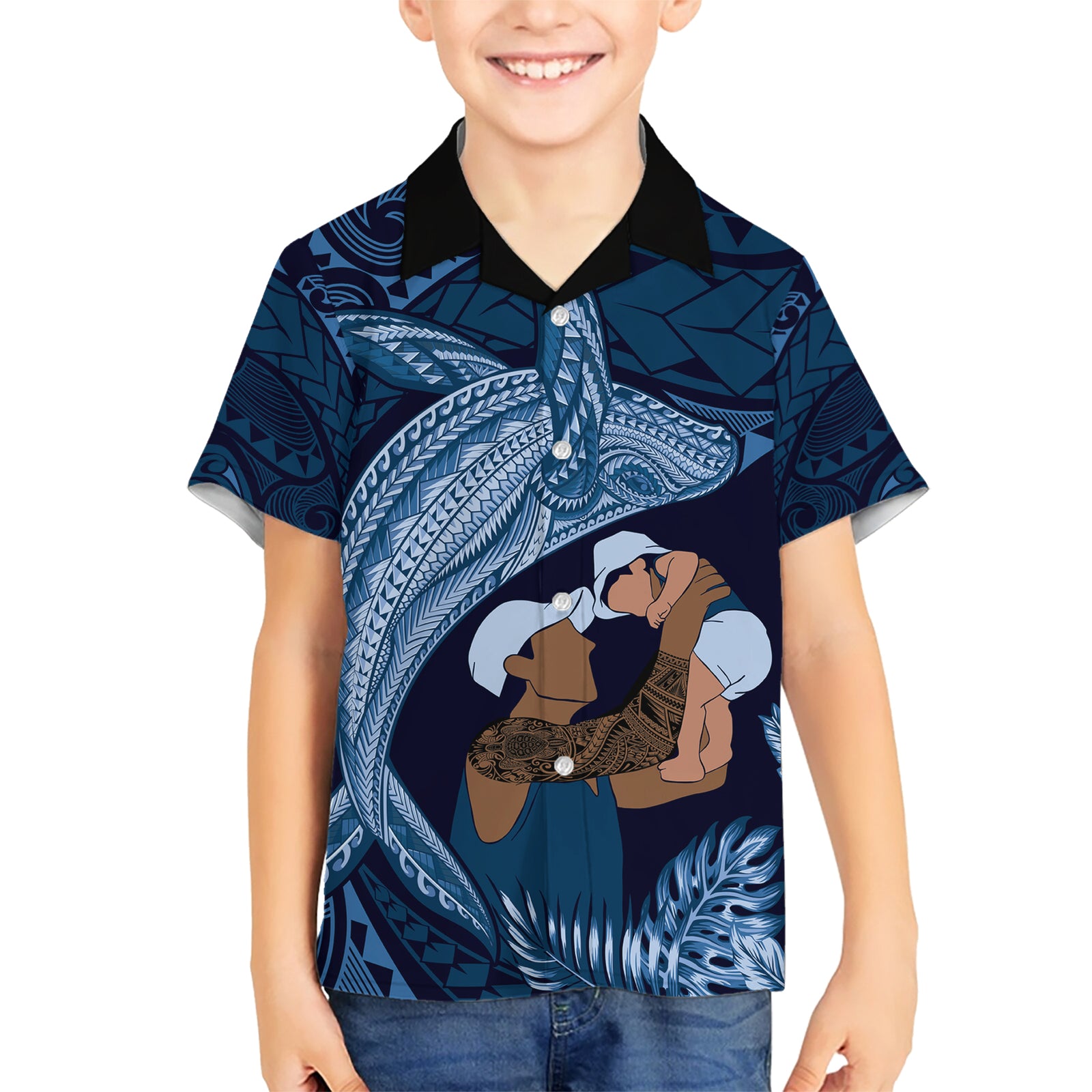 Father's Day Polynesian Pattern Kid Hawaiian Shirt Tropical Humpback Whale - Navy