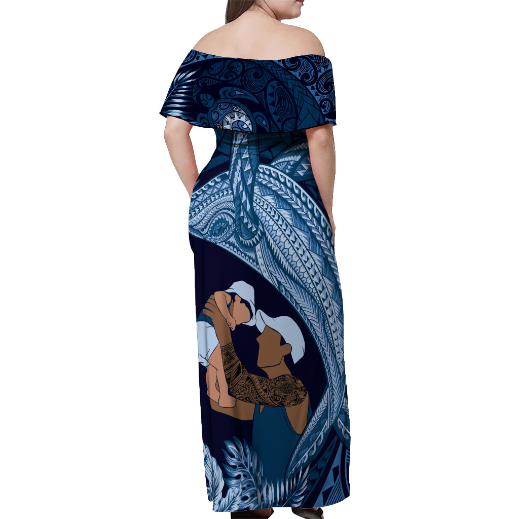 Father's Day Polynesian Pattern Off Shoulder Maxi Dress Tropical Humpback Whale - Navy