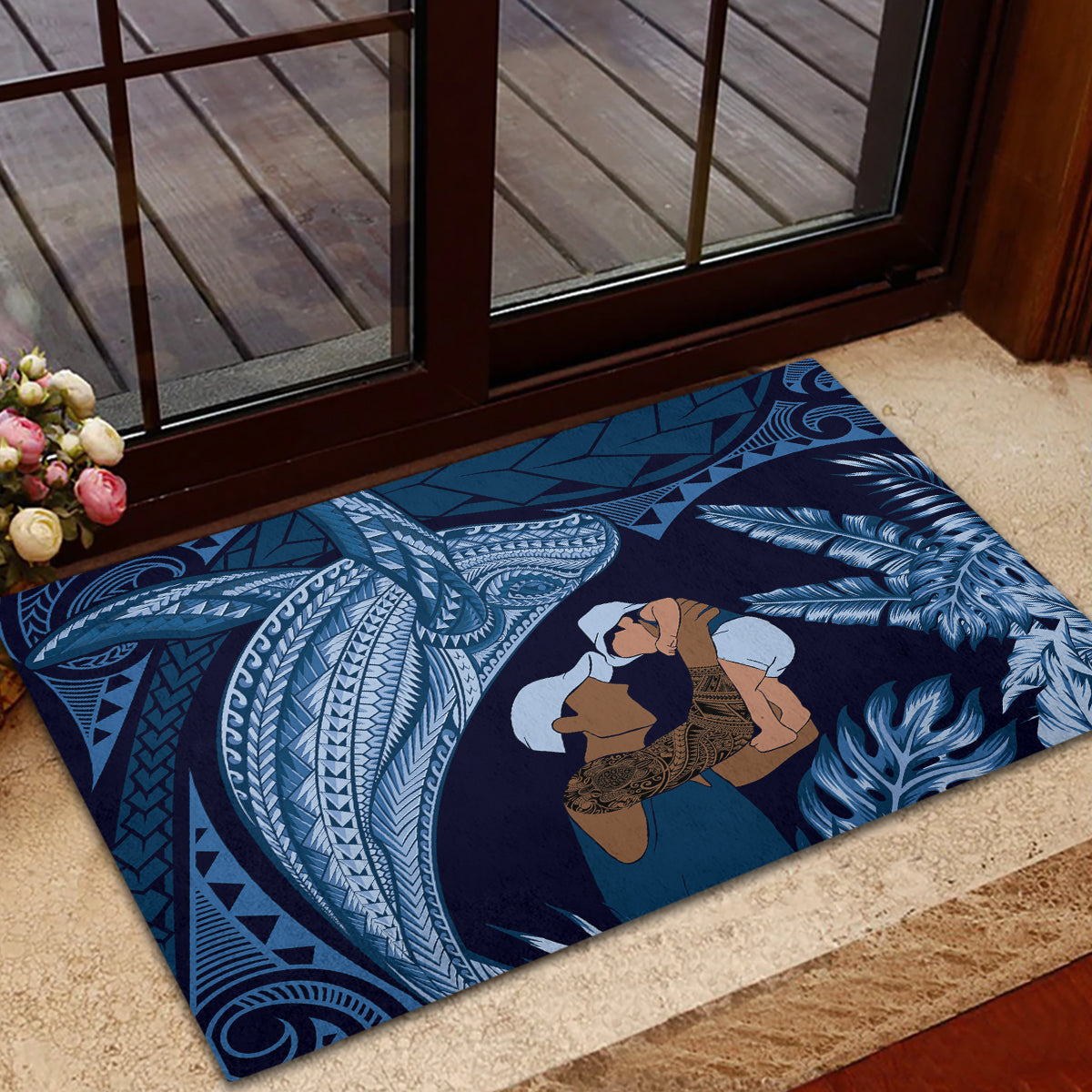 Father's Day Polynesian Pattern Rubber Doormat Tropical Humpback Whale - Navy