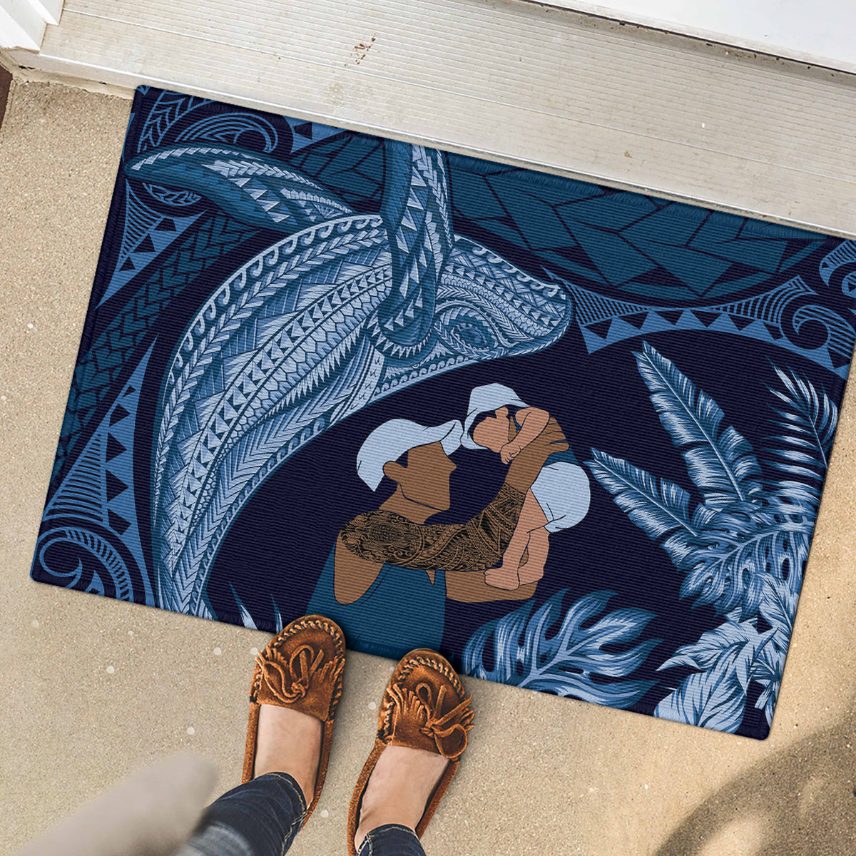 Father's Day Polynesian Pattern Rubber Doormat Tropical Humpback Whale - Navy