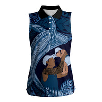 Father's Day Polynesian Pattern Women Sleeveless Polo Shirt Tropical Humpback Whale - Navy LT7 Female Navy Blue - Polynesian Pride