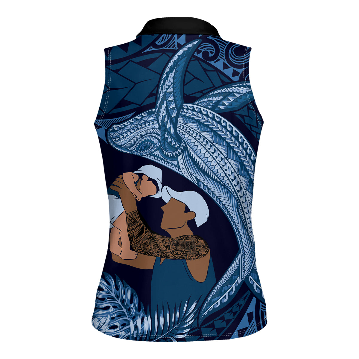 Father's Day Polynesian Pattern Women Sleeveless Polo Shirt Tropical Humpback Whale - Navy LT7 - Polynesian Pride