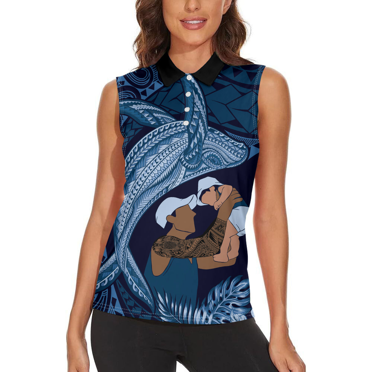 Father's Day Polynesian Pattern Women Sleeveless Polo Shirt Tropical Humpback Whale - Navy LT7 - Polynesian Pride