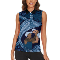 Father's Day Polynesian Pattern Women Sleeveless Polo Shirt Tropical Humpback Whale - Navy LT7 - Polynesian Pride