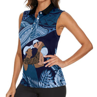 Father's Day Polynesian Pattern Women Sleeveless Polo Shirt Tropical Humpback Whale - Navy LT7 - Polynesian Pride
