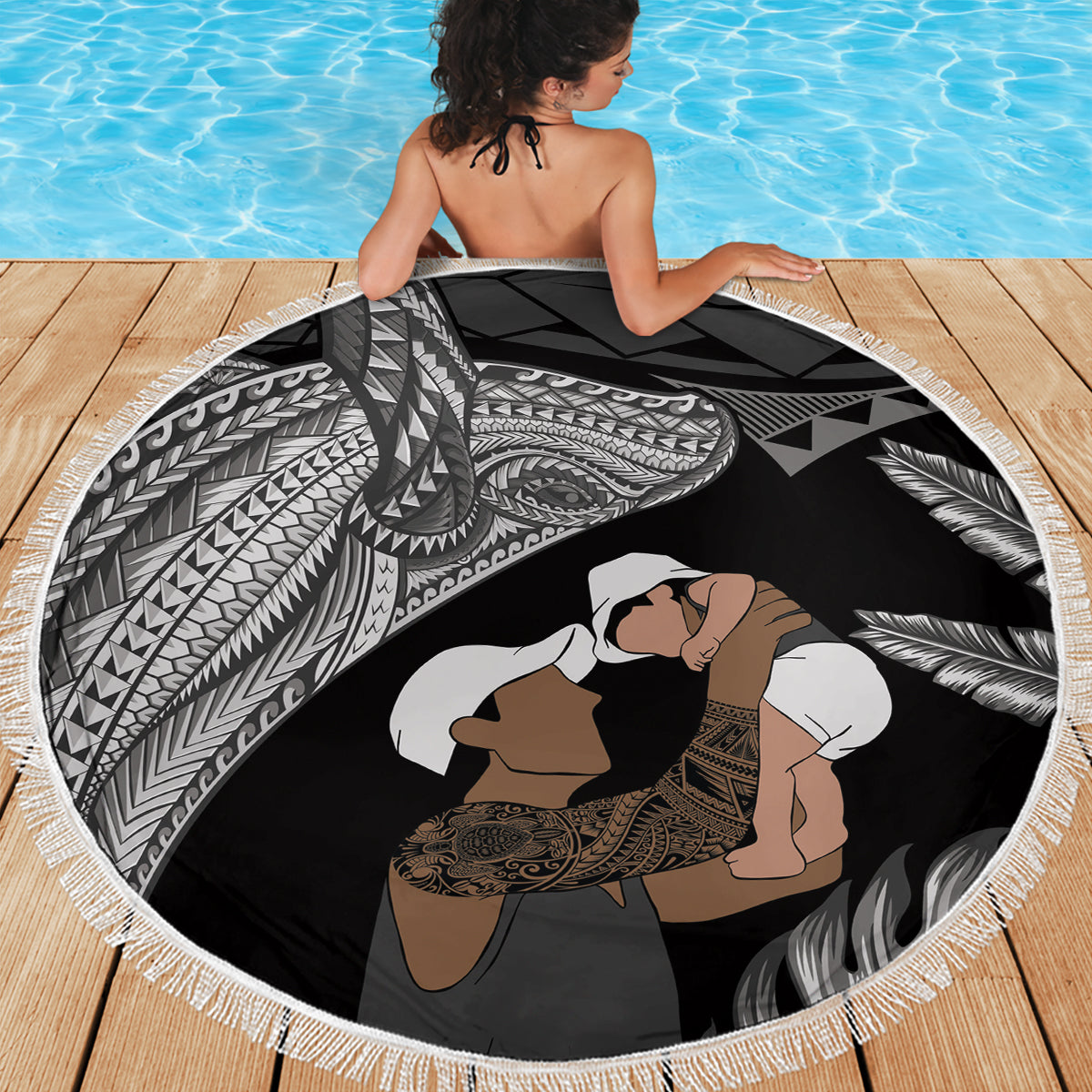 Father's Day Polynesian Pattern Beach Blanket Tropical Humpback Whale - Black