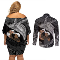 Father's Day Polynesian Pattern Couples Matching Off Shoulder Short Dress and Long Sleeve Button Shirt Tropical Humpback Whale - Black