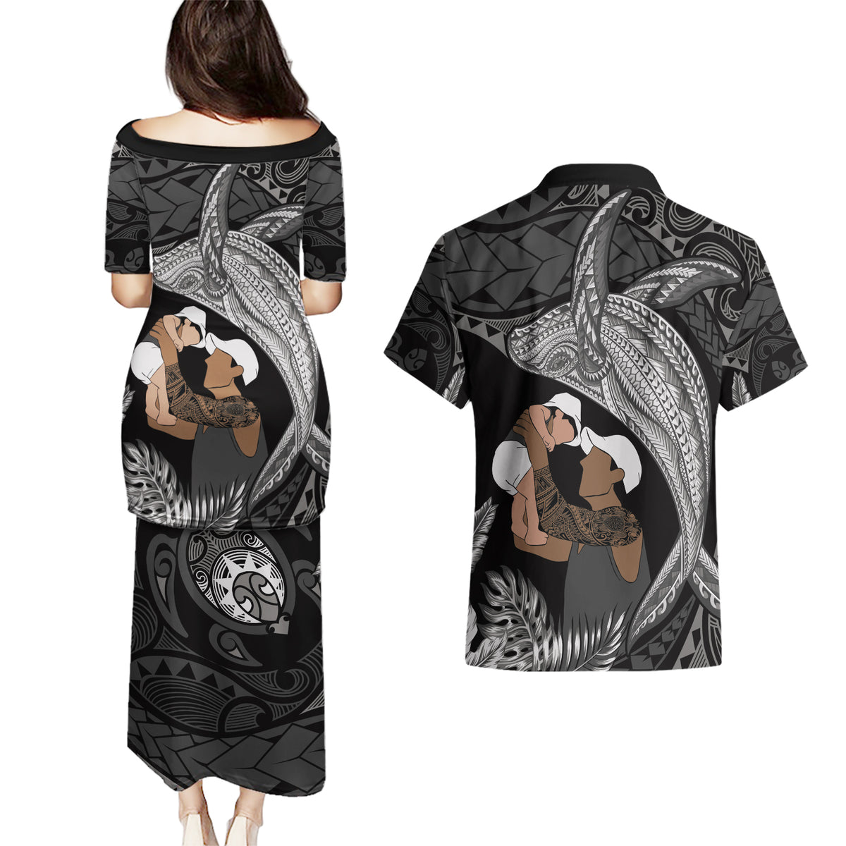 Father's Day Polynesian Pattern Couples Matching Puletasi and Hawaiian Shirt Tropical Humpback Whale - Black