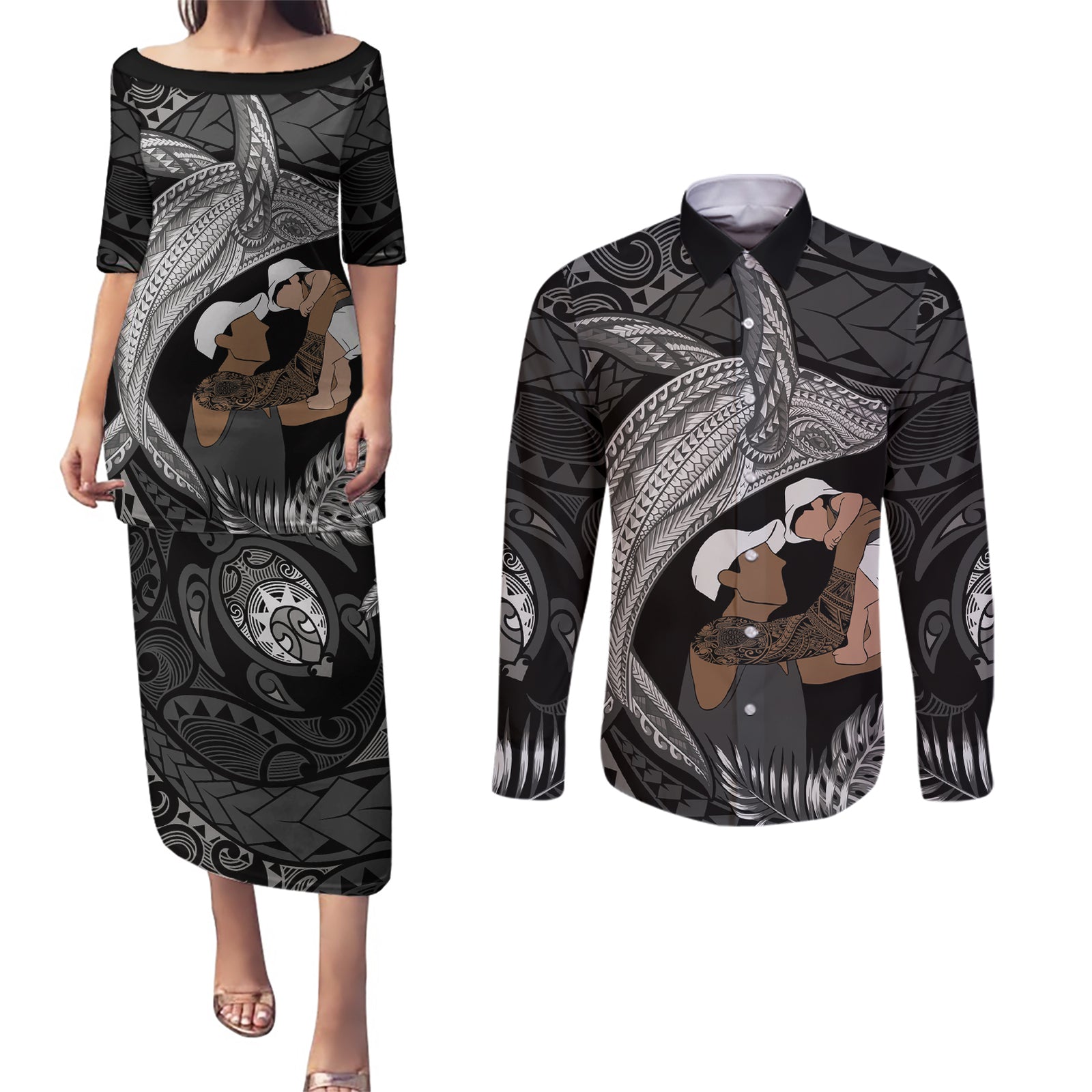 Father's Day Polynesian Pattern Couples Matching Puletasi and Long Sleeve Button Shirt Tropical Humpback Whale - Black