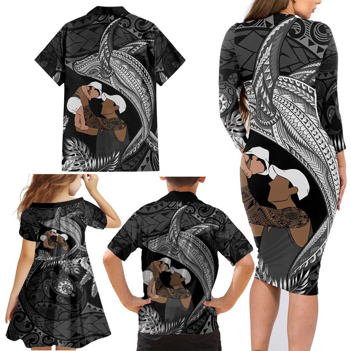 Father's Day Polynesian Pattern Family Matching Long Sleeve Bodycon Dress and Hawaiian Shirt Tropical Humpback Whale - Black LT7 - Polynesian Pride