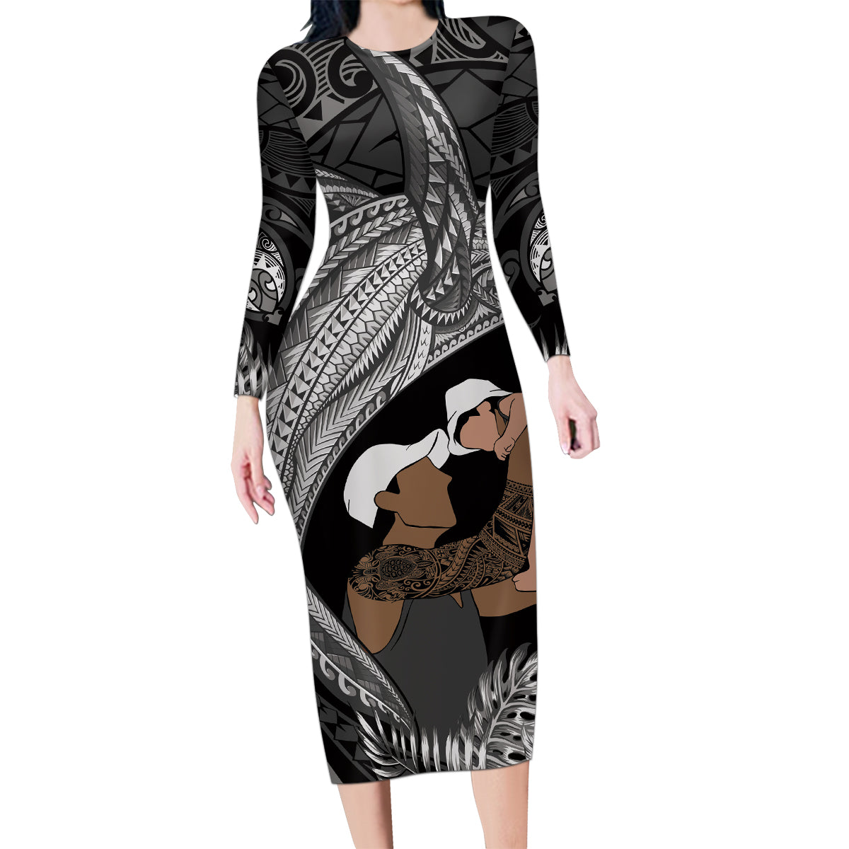 Father's Day Polynesian Pattern Family Matching Long Sleeve Bodycon Dress and Hawaiian Shirt Tropical Humpback Whale - Black LT7 Mom's Dress Black - Polynesian Pride