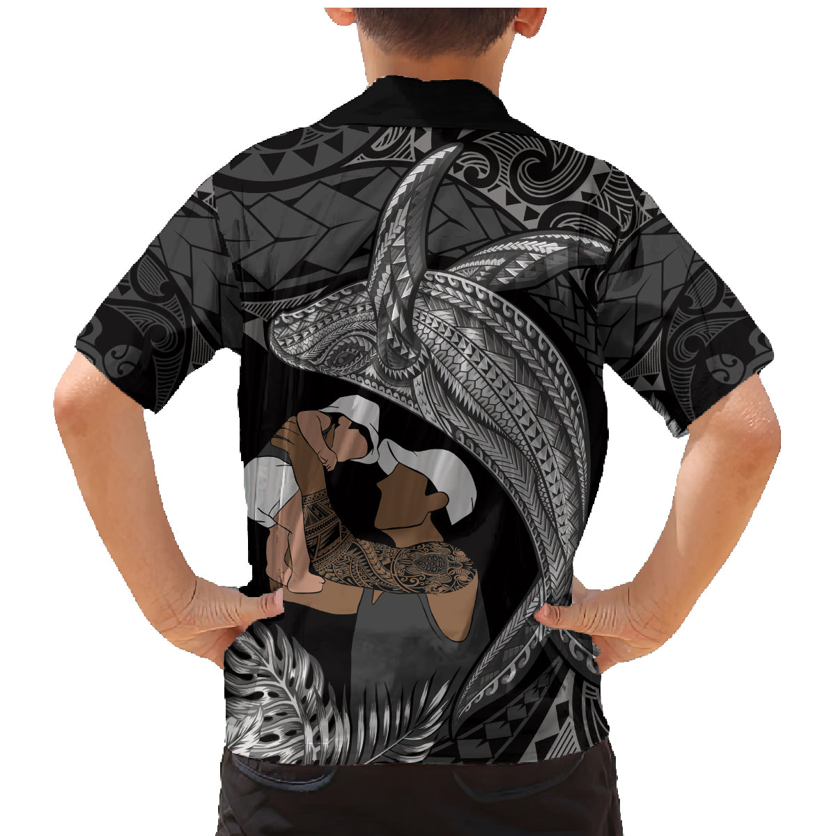 Father's Day Polynesian Pattern Family Matching Mermaid Dress and Hawaiian Shirt Tropical Humpback Whale - Black LT7 - Polynesian Pride
