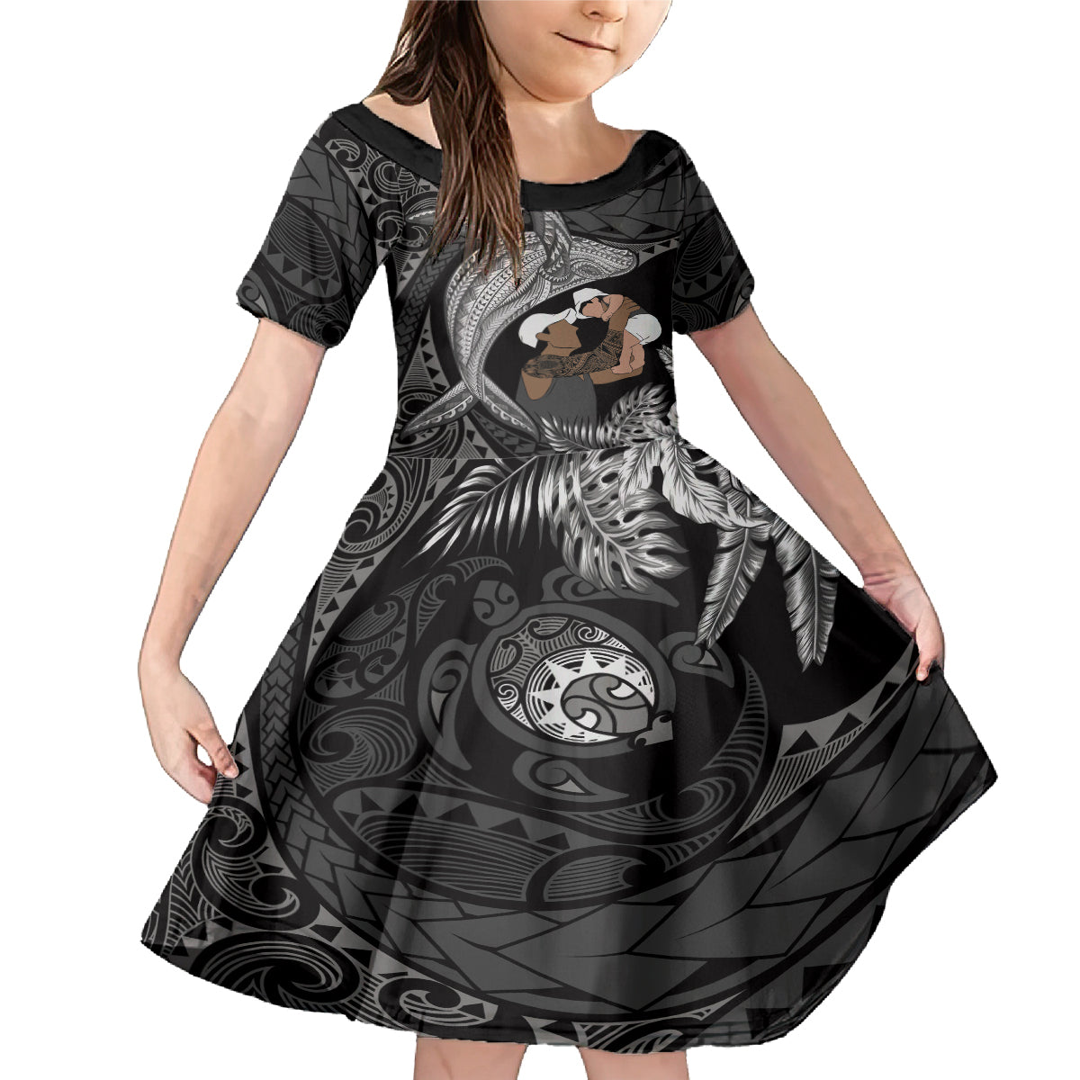 Father's Day Polynesian Pattern Family Matching Mermaid Dress and Hawaiian Shirt Tropical Humpback Whale - Black LT7 Daughter's Dress Black - Polynesian Pride