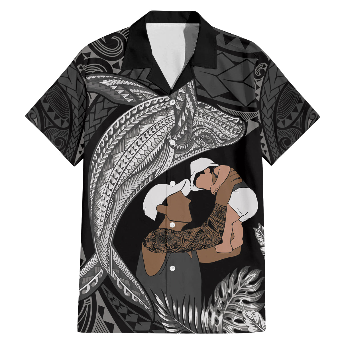 Father's Day Polynesian Pattern Family Matching Mermaid Dress and Hawaiian Shirt Tropical Humpback Whale - Black LT7 Dad's Shirt - Short Sleeve Black - Polynesian Pride