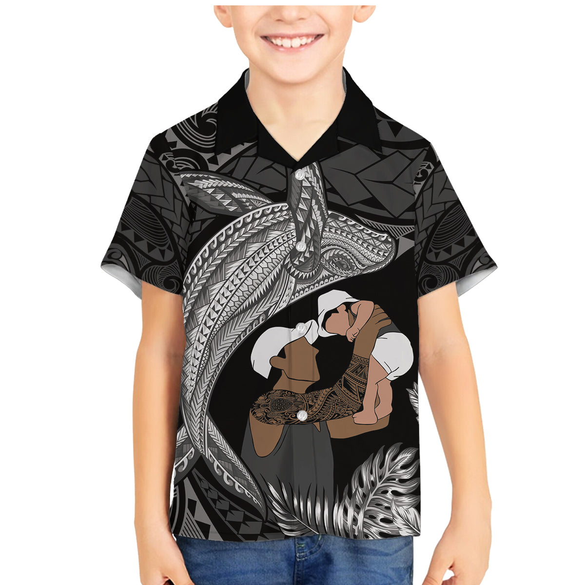Father's Day Polynesian Pattern Family Matching Mermaid Dress and Hawaiian Shirt Tropical Humpback Whale - Black LT7 Son's Shirt Black - Polynesian Pride